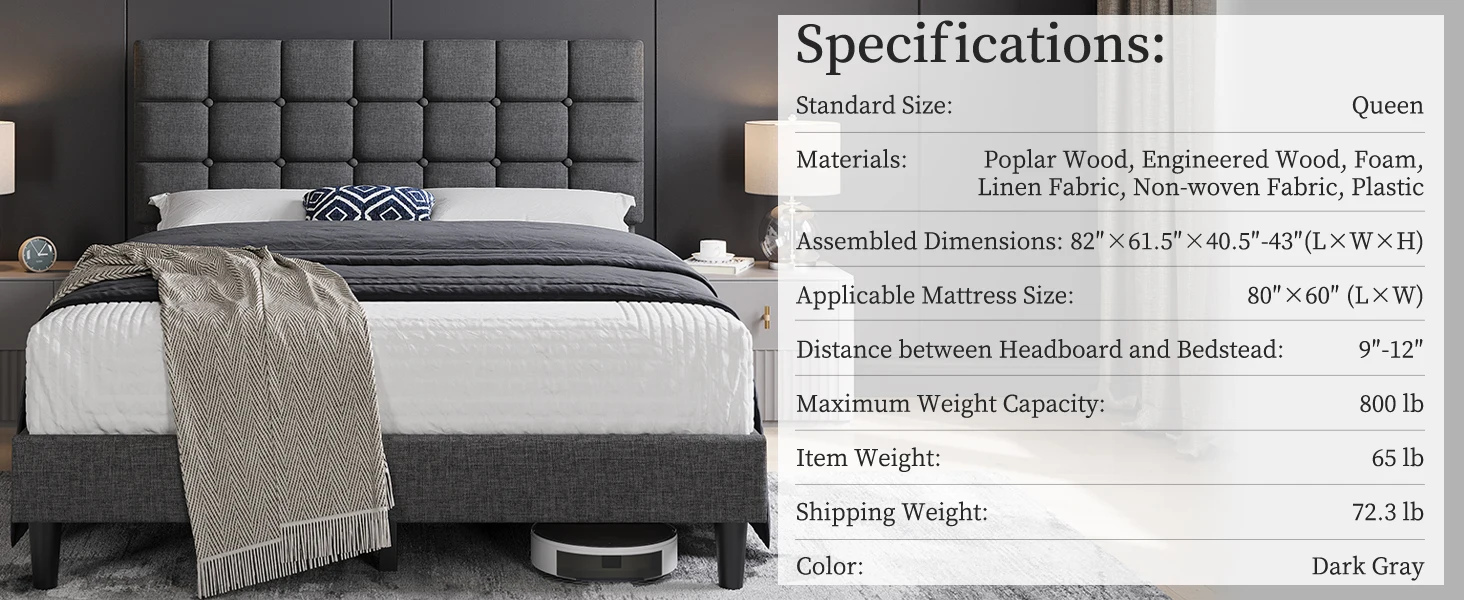 Upholstered Bed Frame with Square Tufted Headboard, Strong Wooden Slats Support Height Adjustable