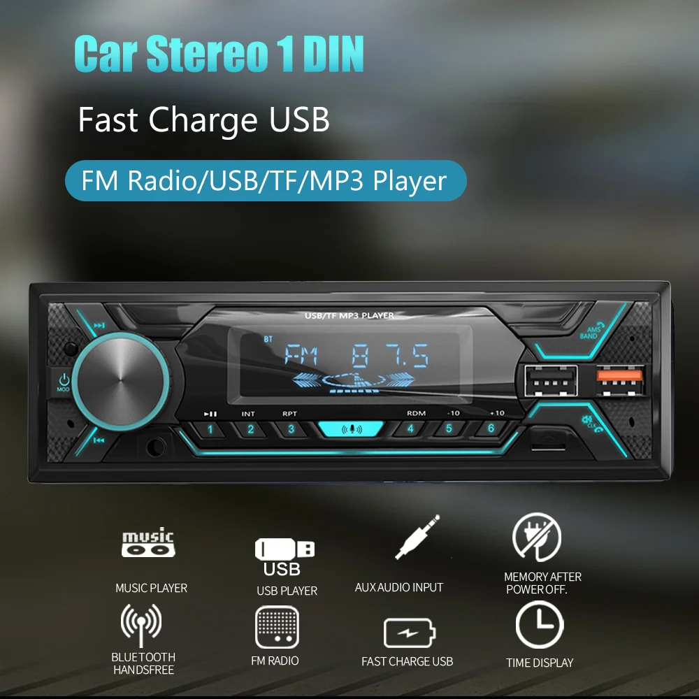 ESSGOO 1DIN Universal Autoradio MP3-Player SD/USB/AUX Bluetooth-Player Einbau-FM USB TF AUX mit Farbigen Lichtern Haupteinheit – Detail 2