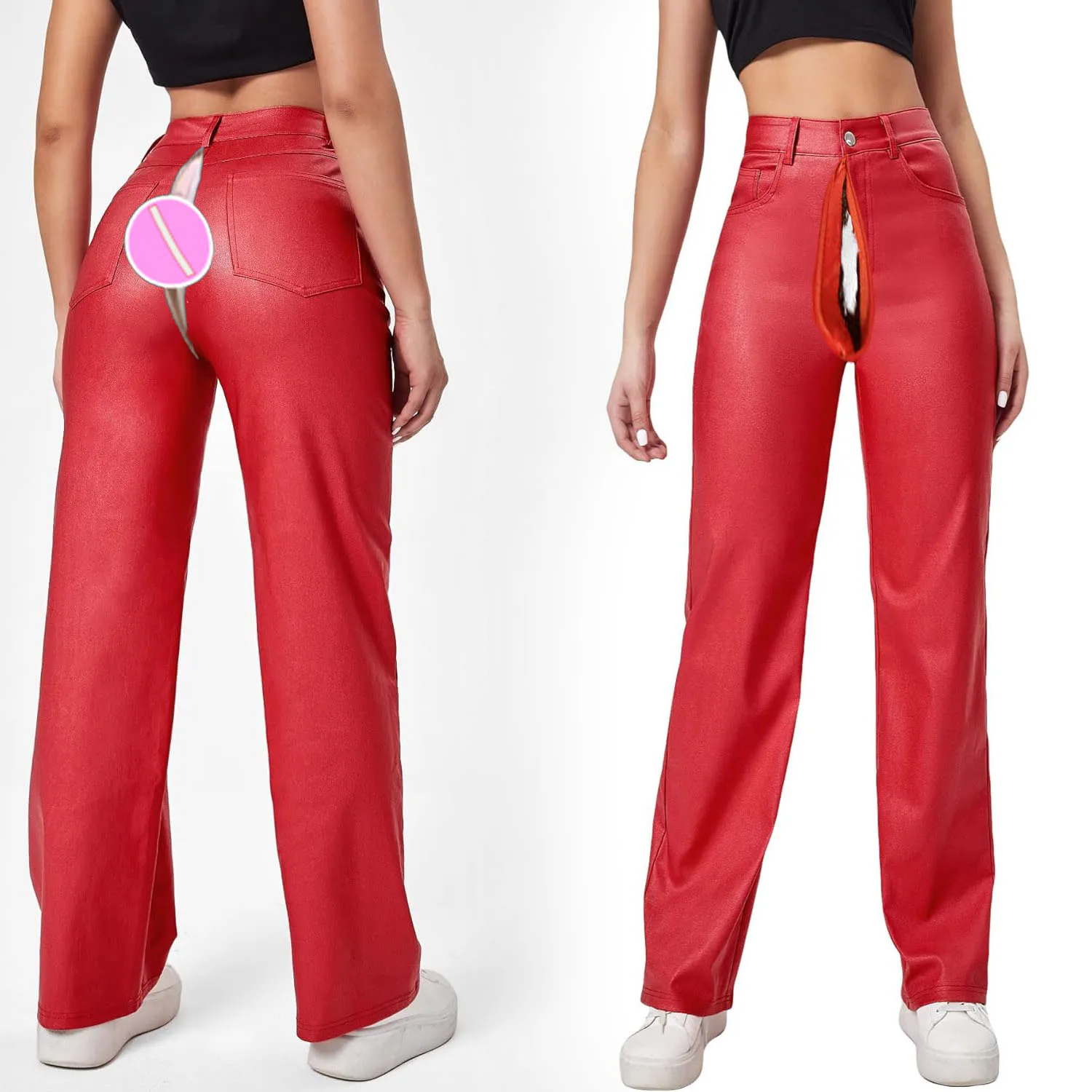 Invisible Open Crotch Outdoor Sex Women High Waist Pocket Straight Leg Boyfriend Jeans Leather Faux Leather Leggings PU Trousers