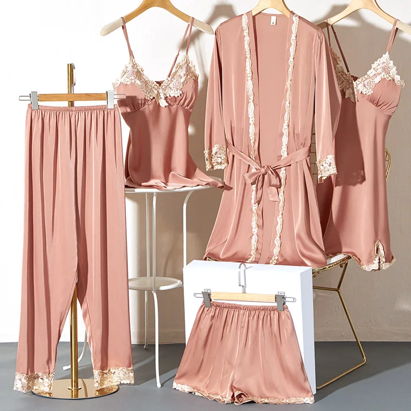 

5PCS Sleep Set With Lace Women Pajamas Suit Patchwork Satin Sleepwear Summer Kimono Robe Gown Strap Nightgown V-Neck Lingerie