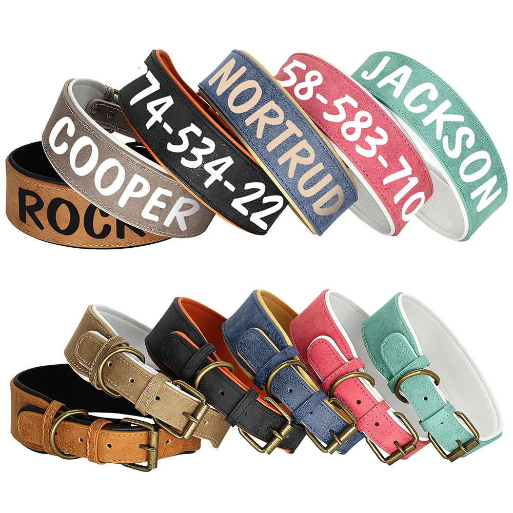 Personalized Leather Dog Collar Soft Padded Dogs Collars Free Print Pet Name Number Wide Necklace Durable for Medium Large Dogs