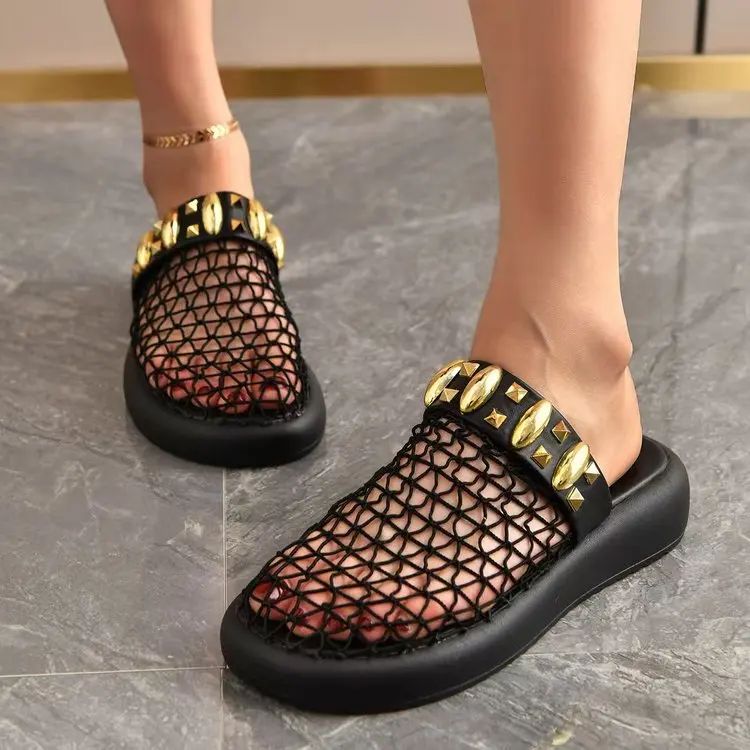 2026 new hollowed out breathable toe cap half drag thick sole Roman temperament versatile fashion beach slippers 1