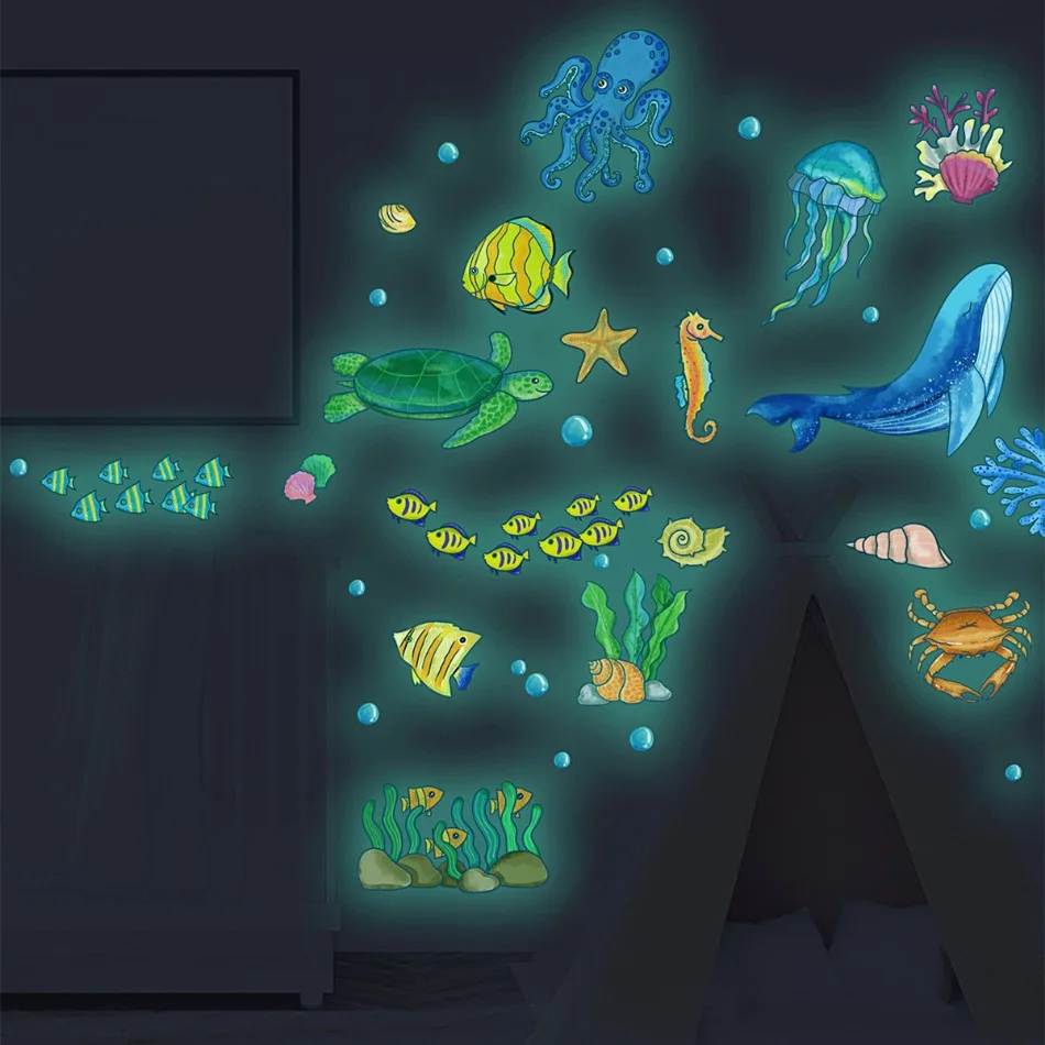 Glow in The Dark Cartoon Dinosaur Wall Sticker Luminous Glowing Underwater World Decals for Kids Room Baby Bedroom Nursery Decor