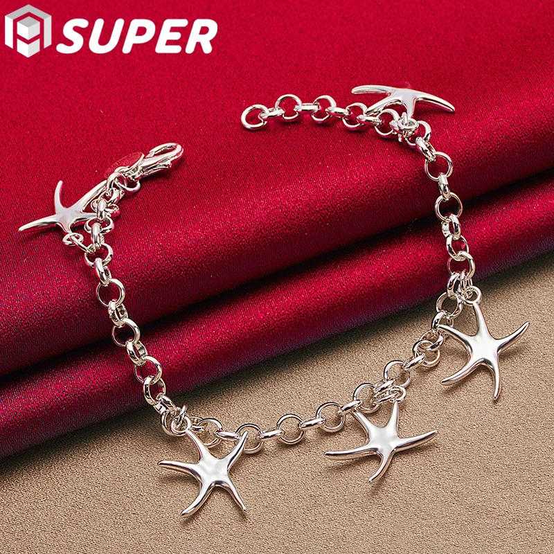 

925 Sterling Silver Five Starfish Pendant Bracelet Chain For Woman Charm Wedding Engagement Fashion Party Jewelry