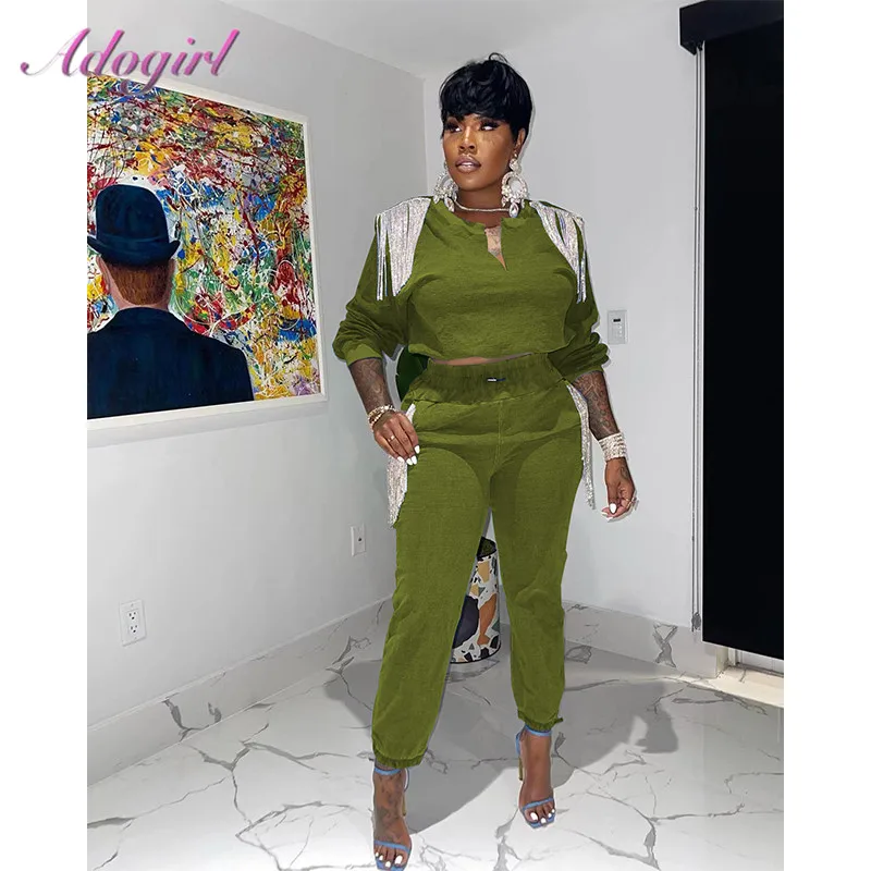 

Женский спортивный костюм из двух предметов, однотонный Толстовка с длинным рукавом и V-образным вырезом, укороченный топ и леггинсы с бахромой, осень 2022