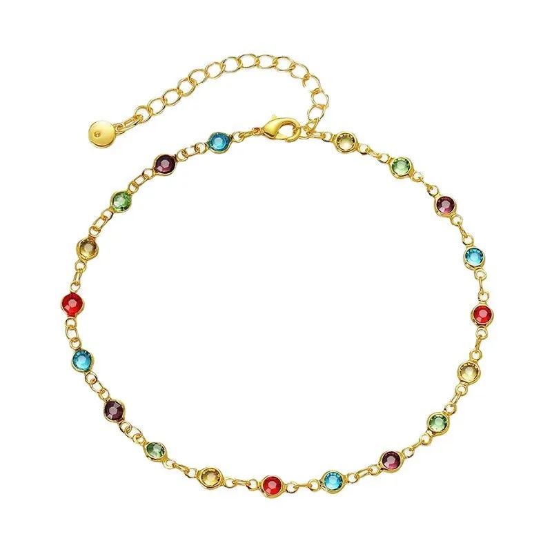 Gold Color Boho Rainbow Rhinestone Anklet for Women Summer Beach Beads Foot Chain Vocation Jewelry Gifts