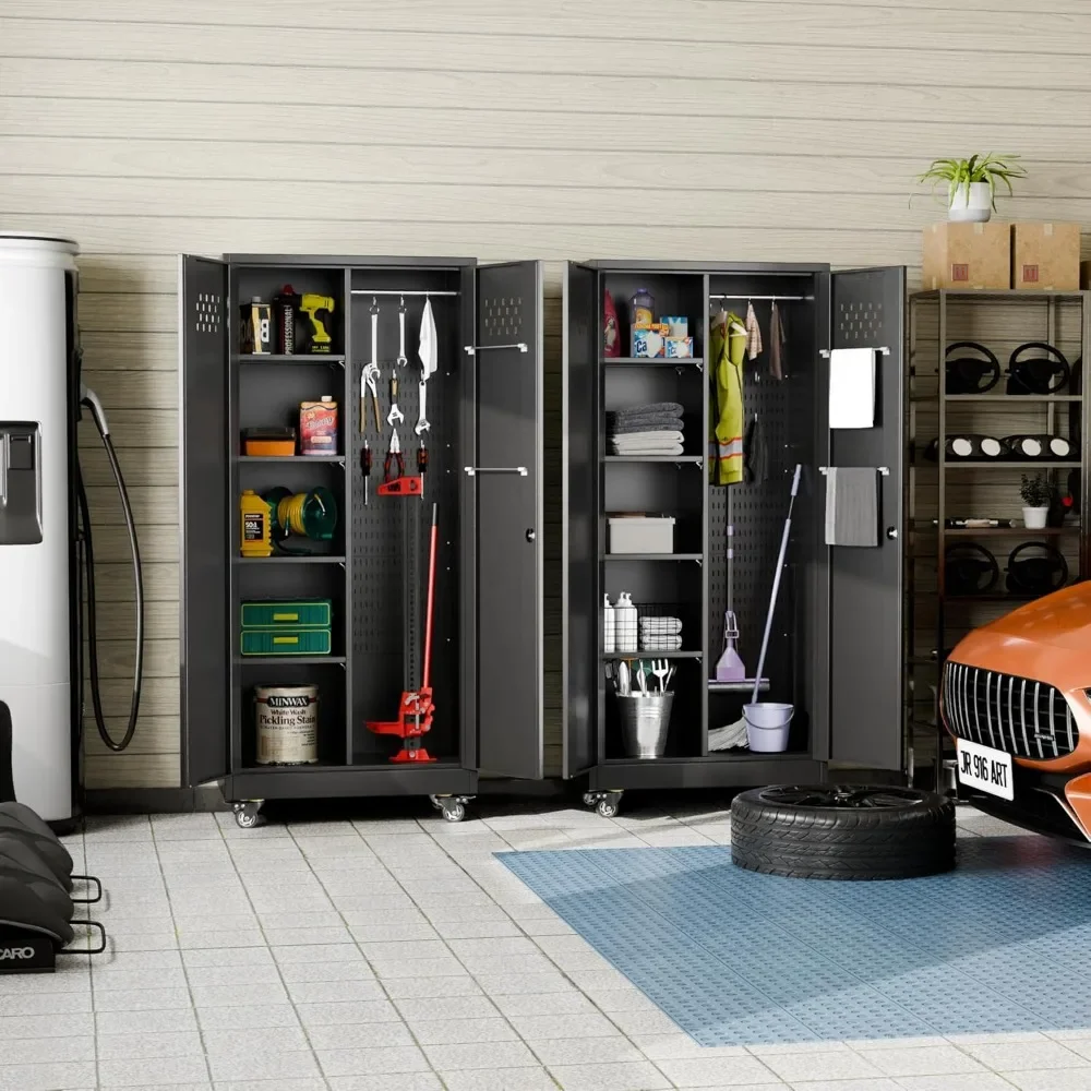 Garage Storage Cabinet, Metal Storage Cabinet with Lockable Doors and 4 Adjustable Shelves, Tool Cabinet with Wheels 6
