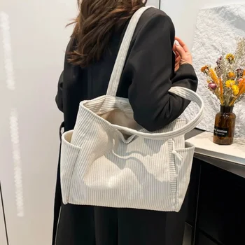 Grande Borsa Tote in Velluto a Coste per Donne, Borsa a Spalla per Uso Quotidiano con Tasche e Cerniera per Lavoro, Viaggi e Vacanze