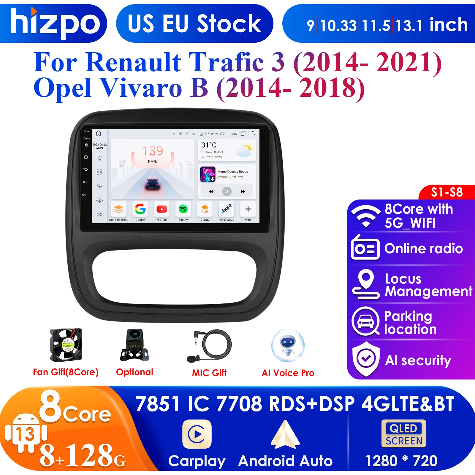 

Автомагнитола Carplay 4G Android 13 для Renault Trafic 3 2014-2021 для Opel Vivaro B 2014-2018 мультимедийный видеоплеер GPS 2din DVD