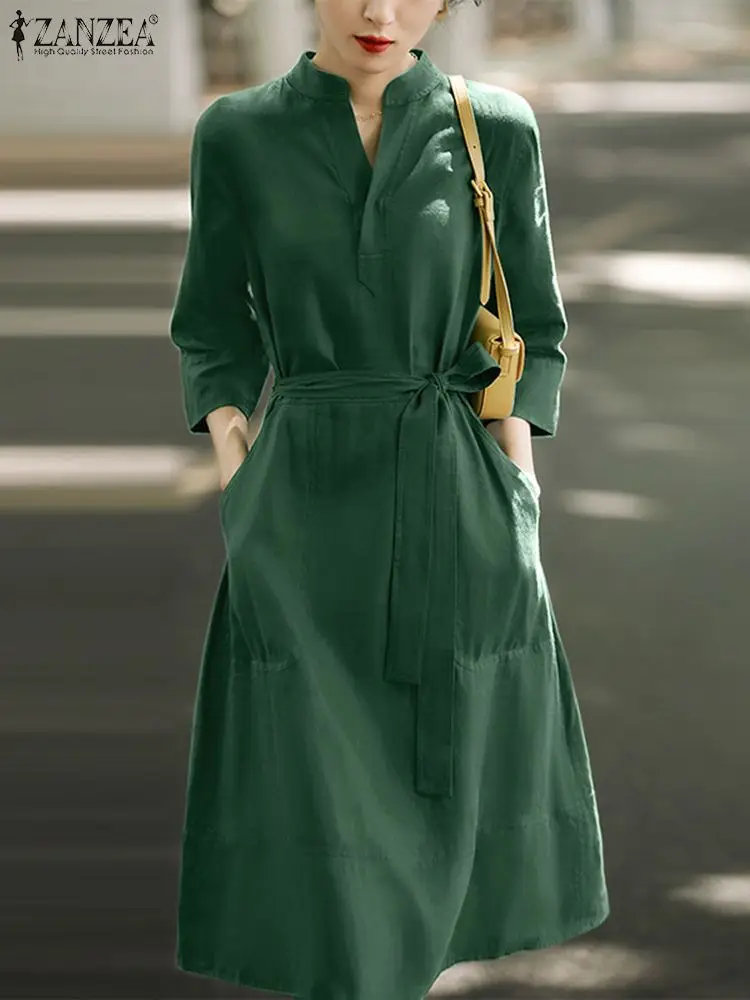 

Elegant Shirt Dress ZANZEA Green Dresses For Women Casual Long Sleeve Stand Neck Sundress Holiday Kaftan Female Work Vestido