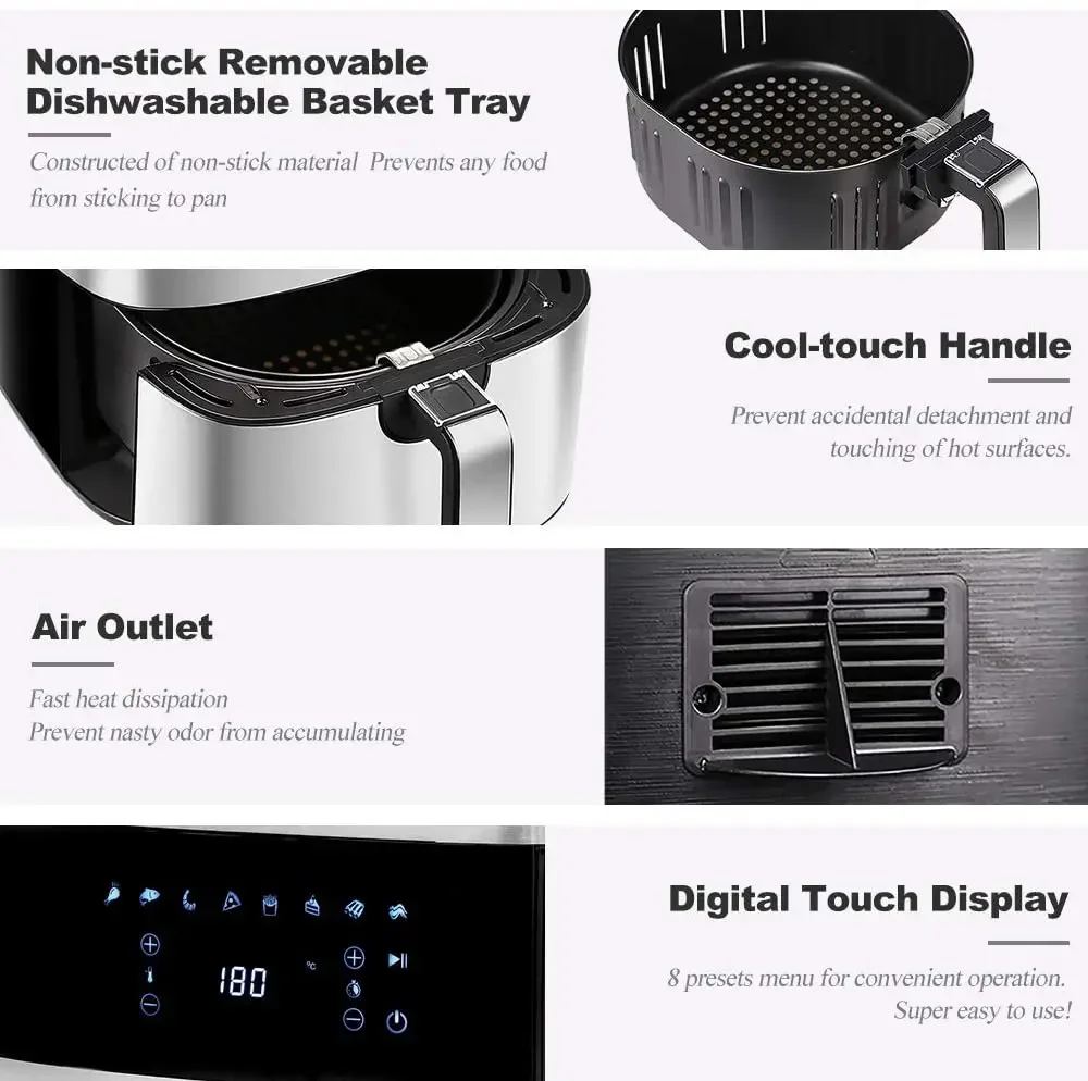 New 6L Digital Customizable Stainless steel 8 Presets 1800W Electric Hot Power Air Fryer Oven 3