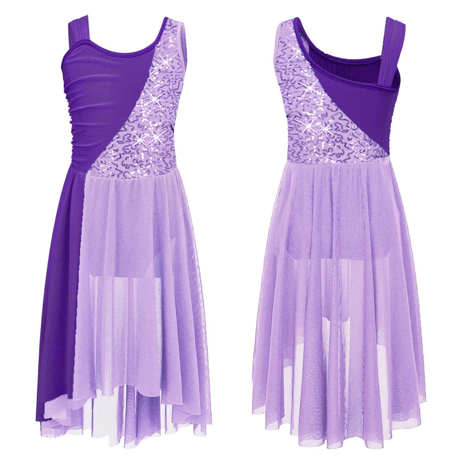 

Girls Ballet Leotard Dress Shiny Sequins Contrast Color Sleeveless Irregular Hem Dancewear Kids Contemporary Lyrical Dance Dress