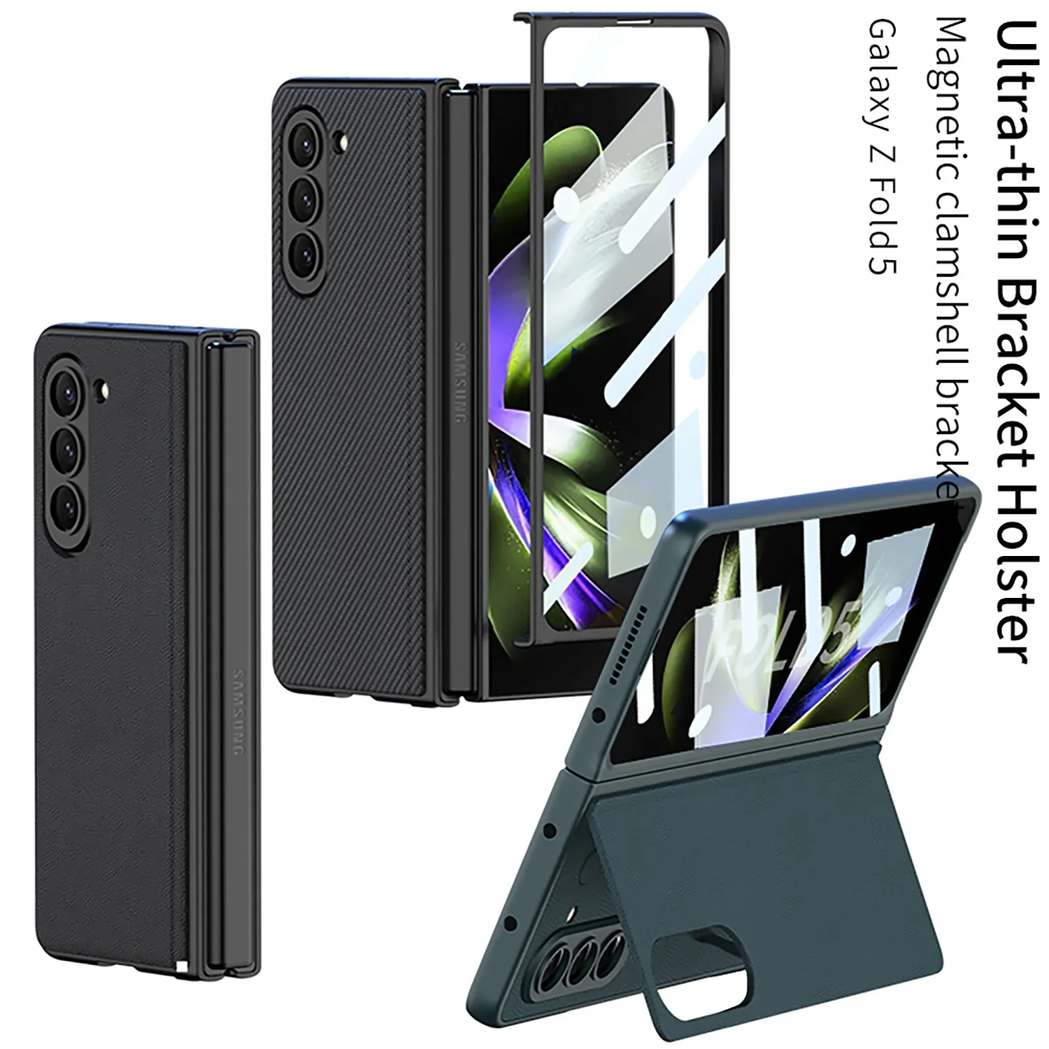 

For Samsung Galaxy Z Fold 5 Case Ultra Thin Matte Folding Flap Bracket Leather With Tempered Film All Inclusive Shockproof Cover