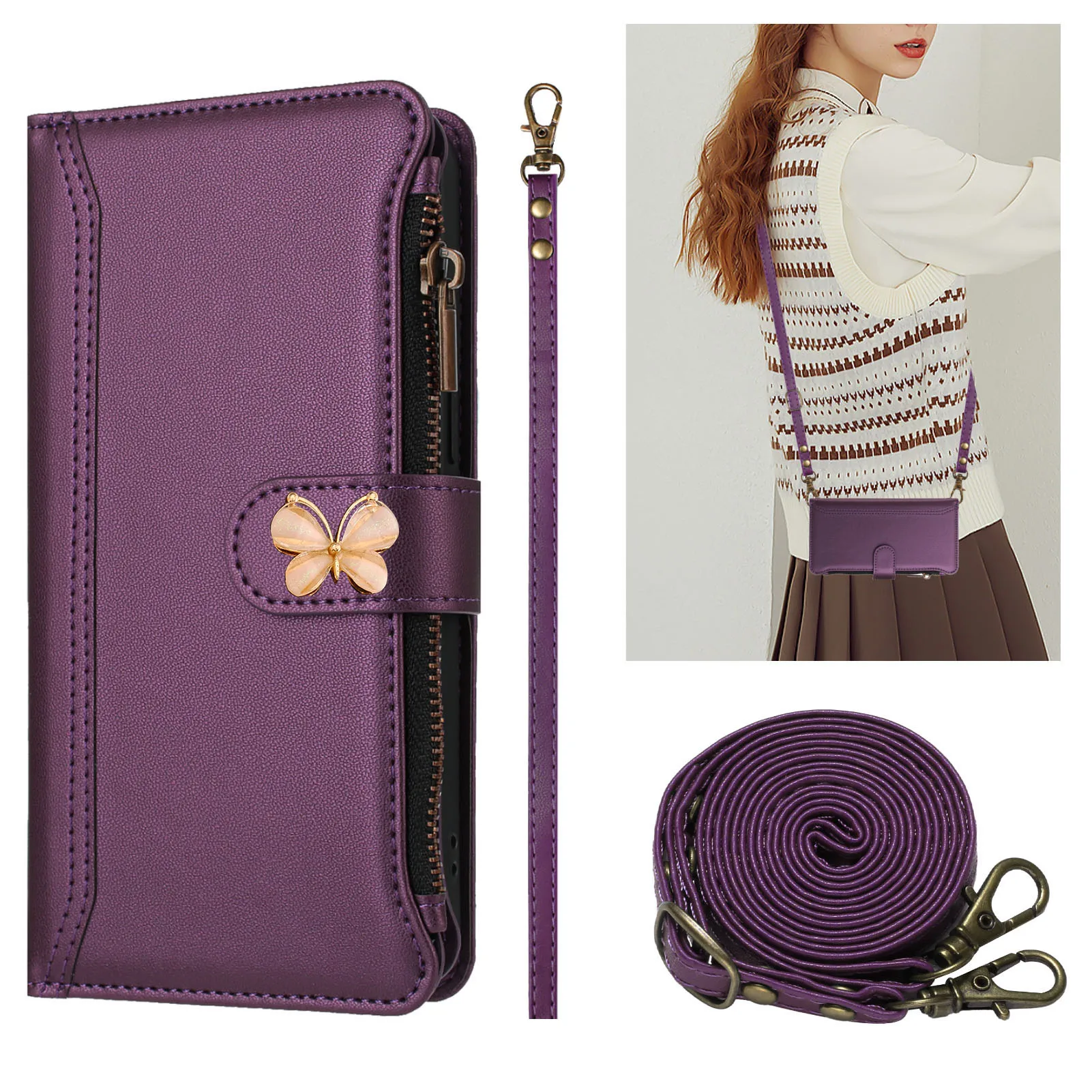 Mukti 9-Card Leather Crossbody Wallet Case with Flip Cover