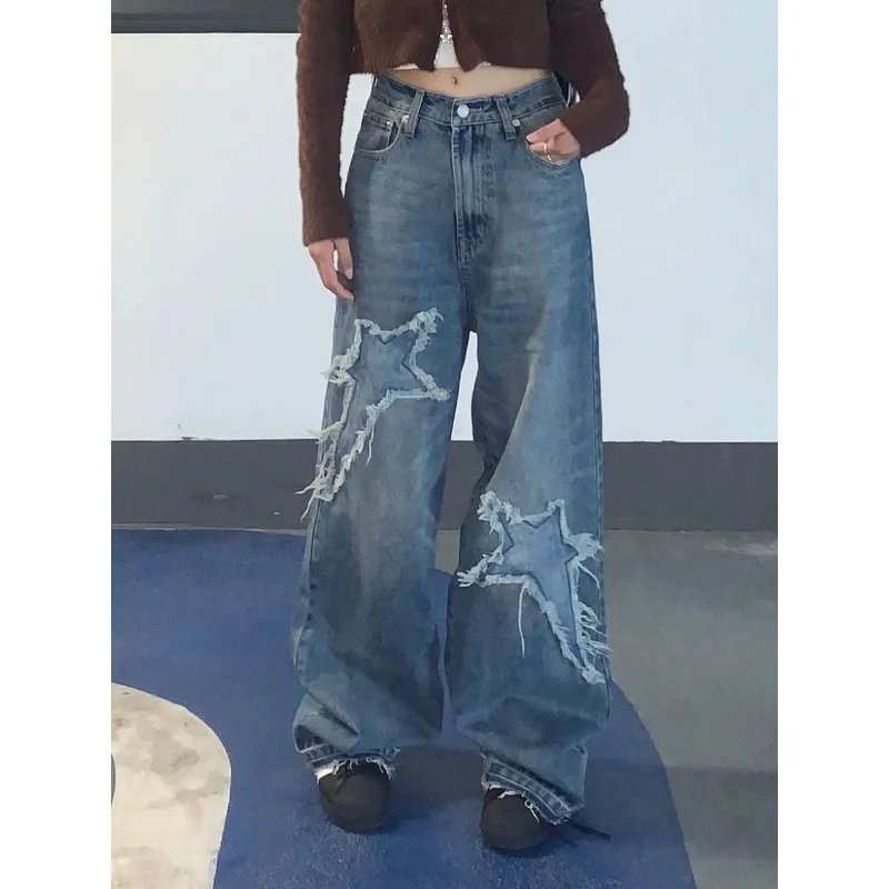

Deeptown Vintage Baggy Jeans Korean Autumn Women's Denim Pants Star Girl Y2k Streetwear Trousers Grunge Harajuku Retro Patchwork