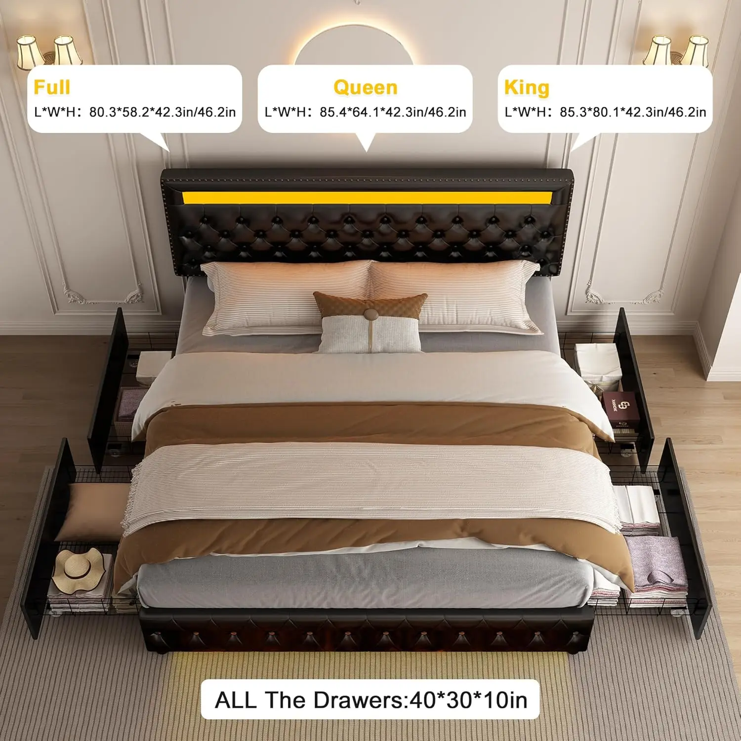 Queen Led Bed Frame with 4 Storage Drawers, with Smart Control RGBW LED Lights Headboard Footboard, Control DIY Color 2