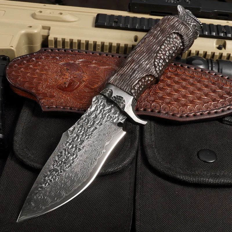 

Dropship 1PCS Damascus Sandwich VG10 Steel Ebony Wood 61HRC Fixed Blade Knife Outdoor Camping Hunting Survival Tool