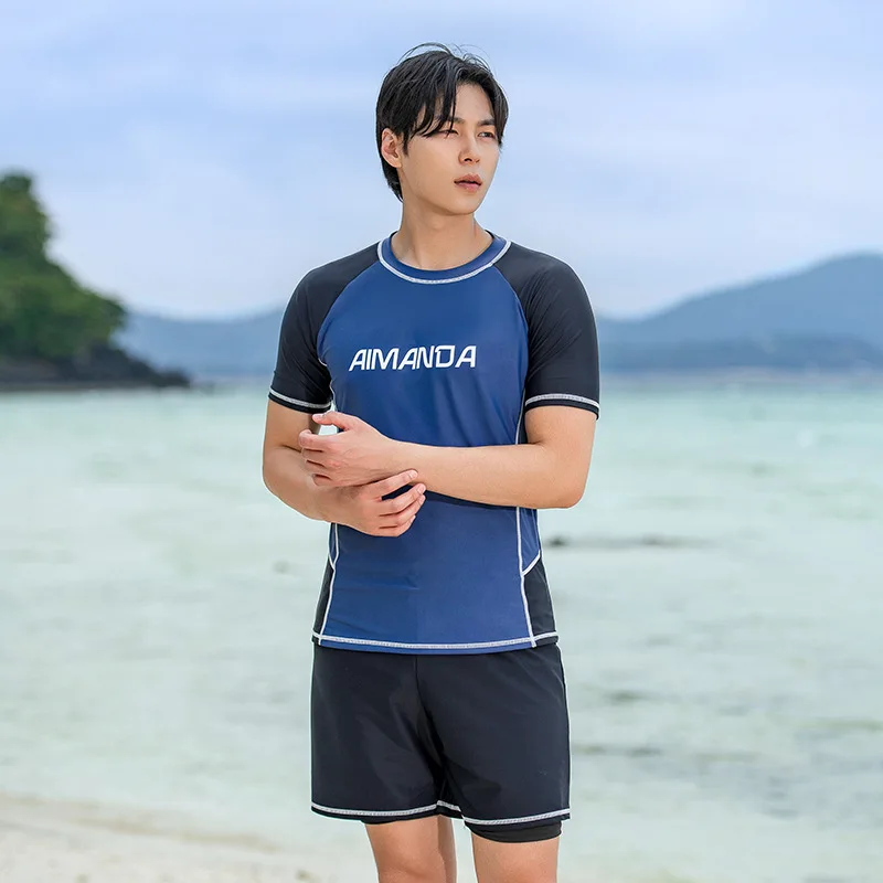 

2pcs/set Men's Rash Guards Swim Shirts Short Sleeve UV Sun Protection Quick Dry Workout Fishing Beach T-Shirt+Trunks Swimsuit