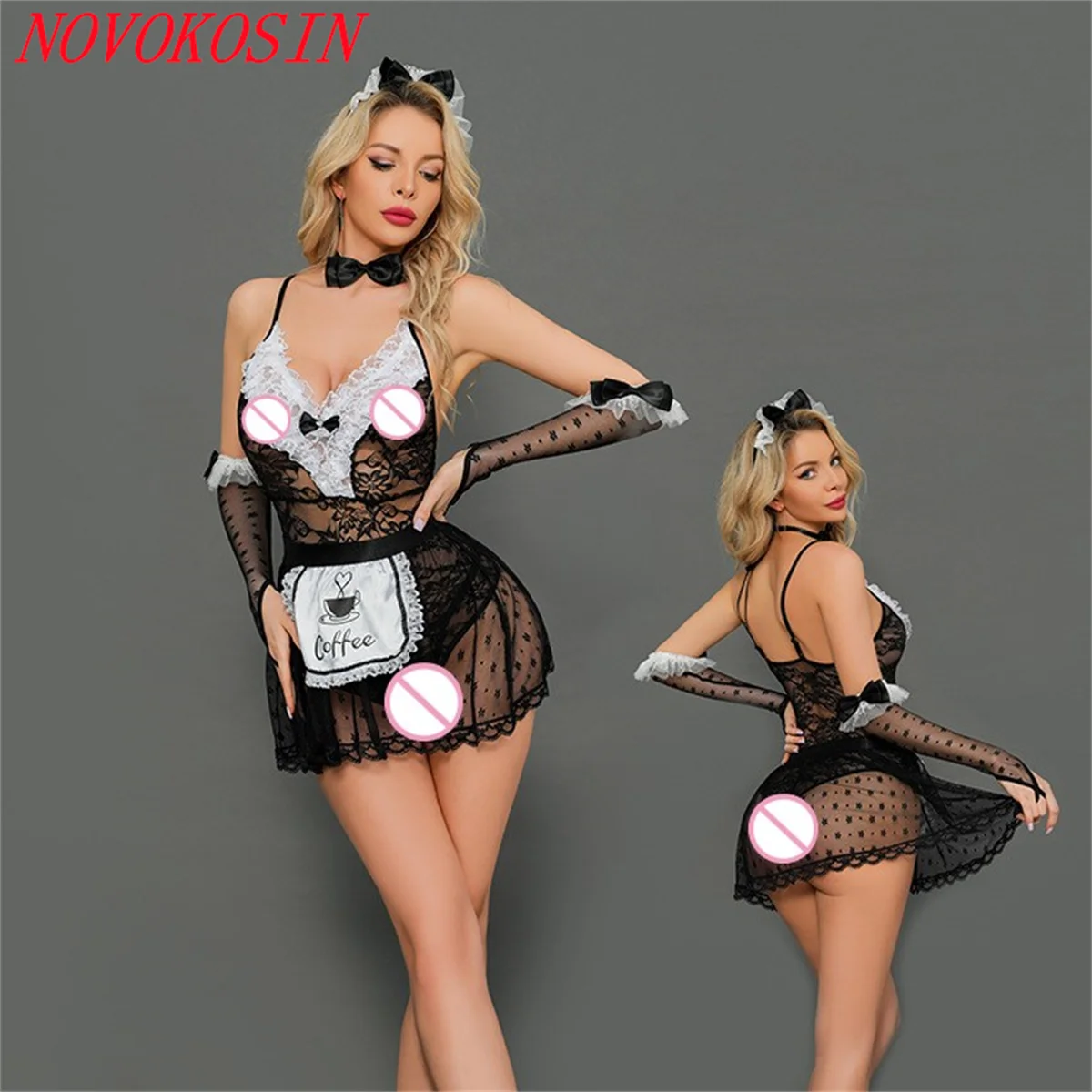 

Cat Women Deep V Neck Sexy Maid Perspective Lace Dress With Apron Ear Catwomen Uniform Cosplay Costume