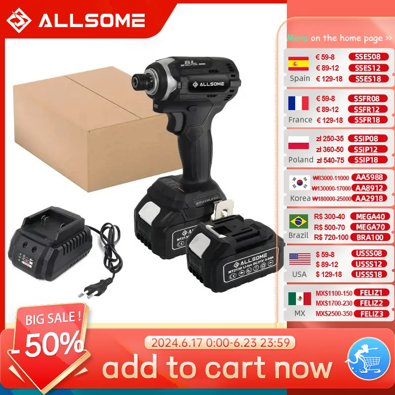 

Allsome Brushless 21V 1/4" Hex Impact Driver kit with 2pc 3.0Ah Lithium Battery and 1pc Charger