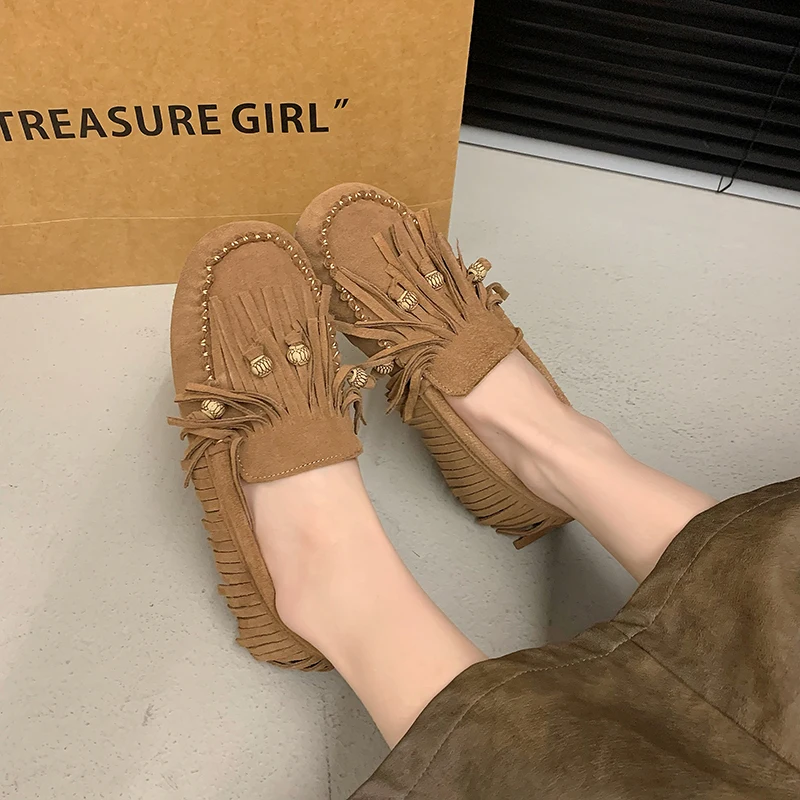 2024 Summer All-match Flat Bean Shoes Slip-on Lazy Women's Shoes Soft Soles Shallow Mouth Retro Tassel Women's Shoes 4