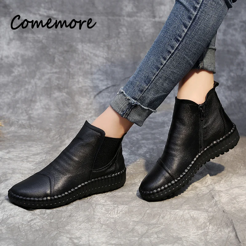 

Comemore Women Boots 2023 Autumn Winter Fashion Handmade Ankle Boot Warm Outdoor Casual Flat Shoes Woman Genuine Leather Shoes