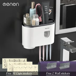 Magnetic Adsorption Toothbrush Holder with Automatic Toothpaste Dispenser and Storage Rack (Black 1cup 2 sticker)