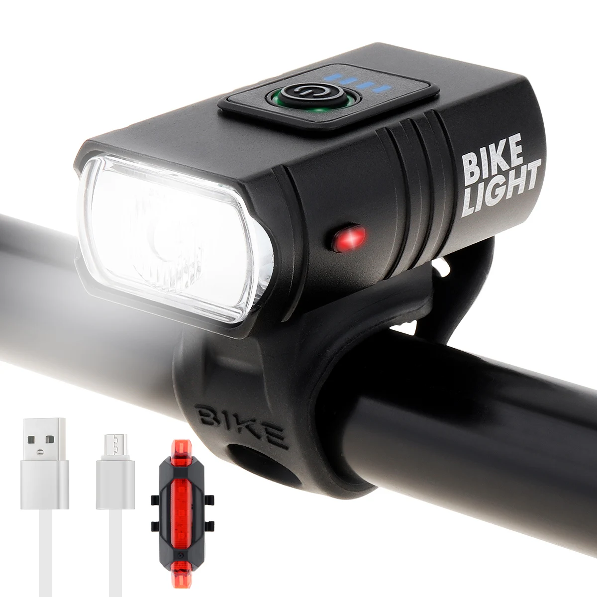 

500LM USB Rechargeable Waterproof Bike Headlight and Taillight Set with 4 Lighting Modes, Power Display Bicycle Headlamps