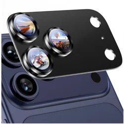 Premium Armor Metal Camera Lens Protector with Tempered Glass Cover Cap - iPhone 17 Pro Max (Black)