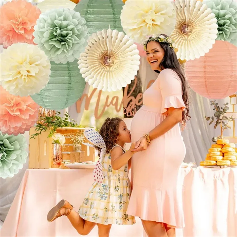 �Salbeigrüne, cremefarbene, pfirsichfarbene Seidenpapierlaternen, Fans, Pom Poms, faltbare Dekoration für Babyparty, Geburtstag, Hochzeit, Verlobung ​ – Detail 4