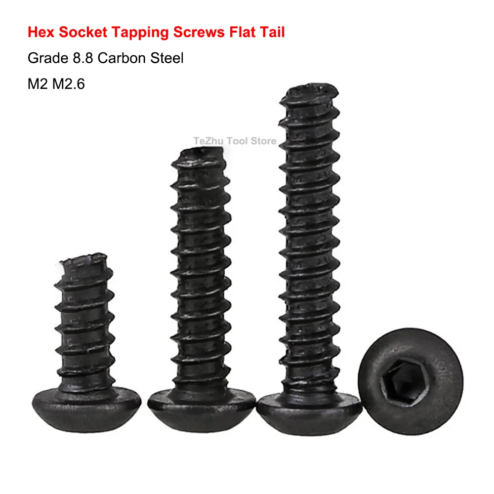 

100PCS M2 M2.6 Grade 8.8 Carbon Steel Hexagon Socket Round Head Self Tapping Screws Pan Button Head Cut/Flat Tail Tapping Screw