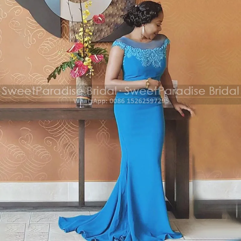 

Sky Blue Mermaid Mother of the Bride Dresses With Capped Sleeves Appliques Sheer Neck Women Long Trumpet Wedding Party Dress
