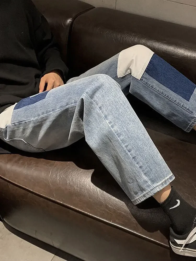 Foufurieux Colorblock Jeans Men Loose Straight Wide-leg Trousers Men  Spring Autumn 2023 Fashion High Street Hip-hop Style Trend 5