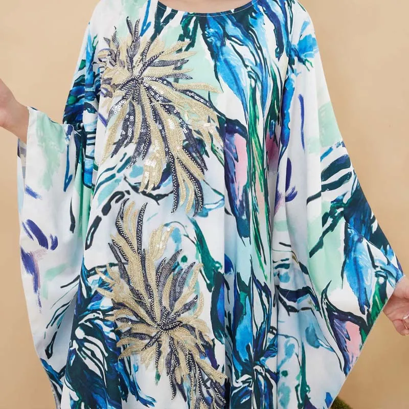 Long Printed Islamic Dress Bohemian O-neck Loose Muslim Women's Abaya Sequins Kimono Women Clothes Saudi Arabia Bat Sleeve Robe