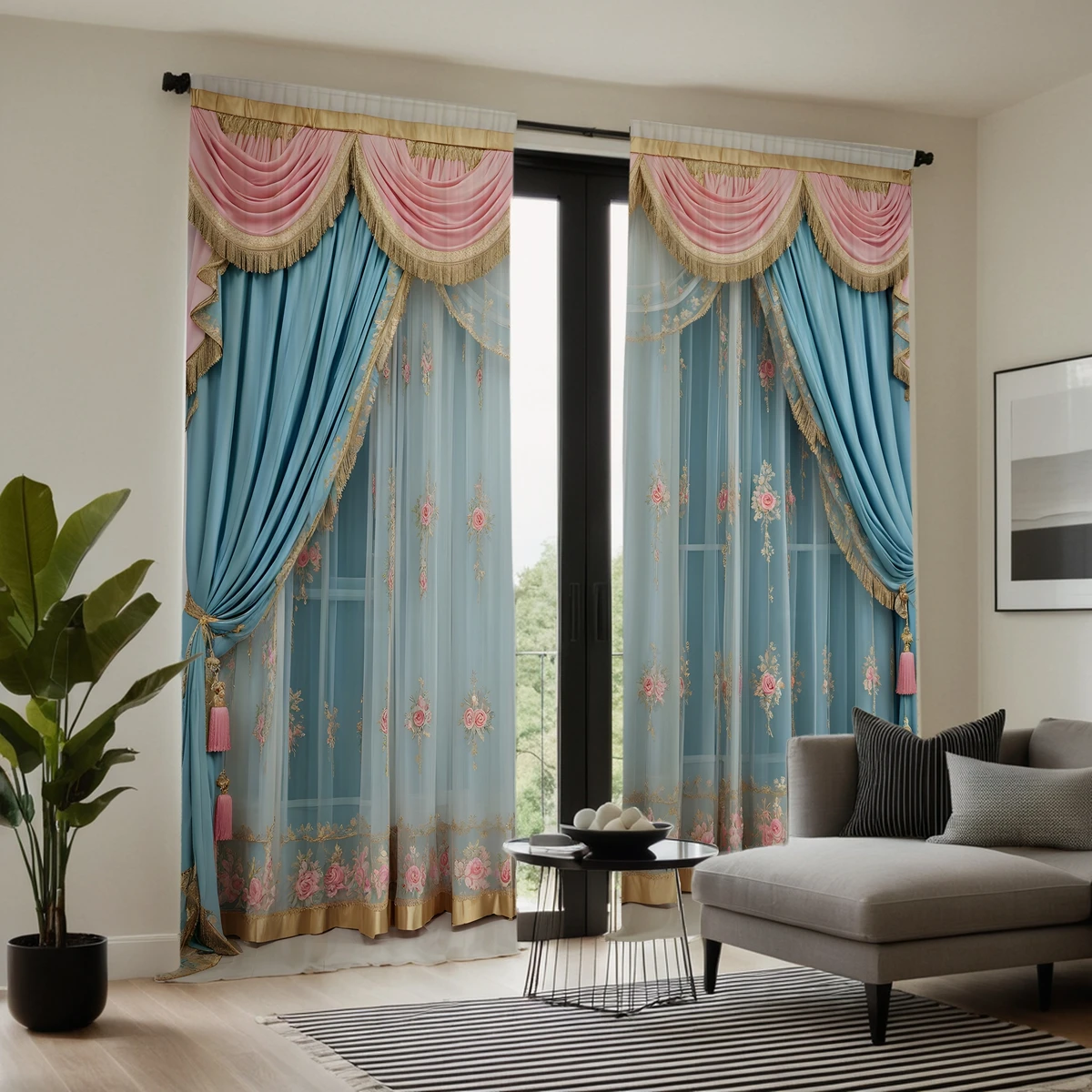 2pcs set HD Gold Lace Pink embroidery decoration simulation window curtain curtain Blue tie digital printed curtain Home Deco 4