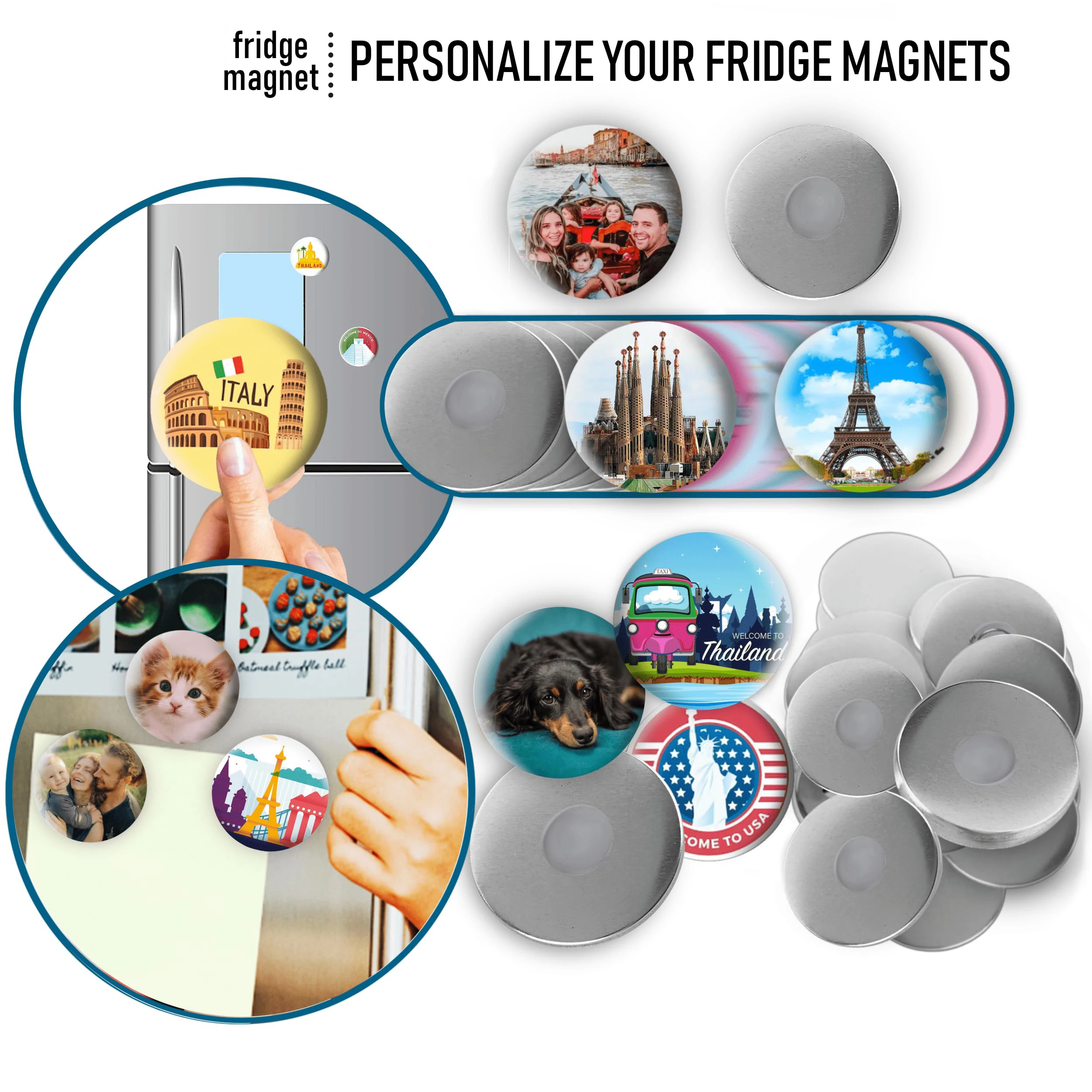 Button Making Supplies 100 Sets of Round Fridge Magnet Button Parts 25mm/32mm/37mm/44mm/58mm/75mm for Badge Machine