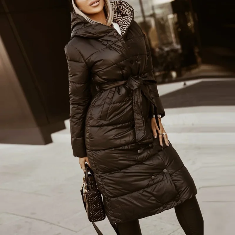 Women Elegant Print Hooded Down Coat Fall Fashion Button Lace-up Long Jacket Winter Casual Long Sleeve Pocket Straight Outerwear