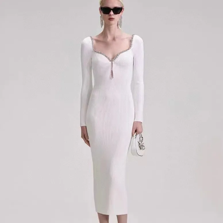 

Women Sweetheart Neck Beaded Long Sleeve 2023 Fall Knitted Dress