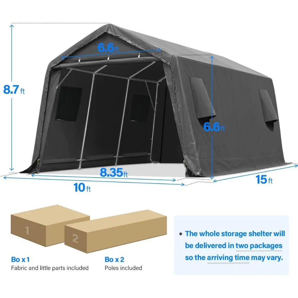 10X15 ft Garage Shelter Steel Metal Peak Roof Anti-Snow Portable Storage Shed Carport with 2 Roll up Doors & Vents