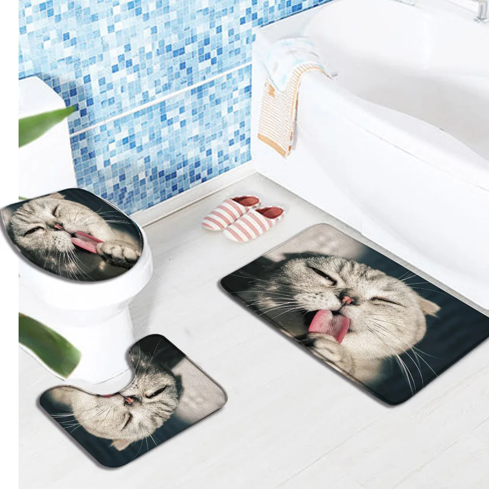 3pcs Set Cute Cat Bath Mat Animal Print Bathroom Decor Floor Mat Carpet Flannel Rugs Toilet Cover Bathroom Accessories Set 3pcs set cute cat silicone id card protection cover case lanyard badge holder kids school student office exhibit work neck strap