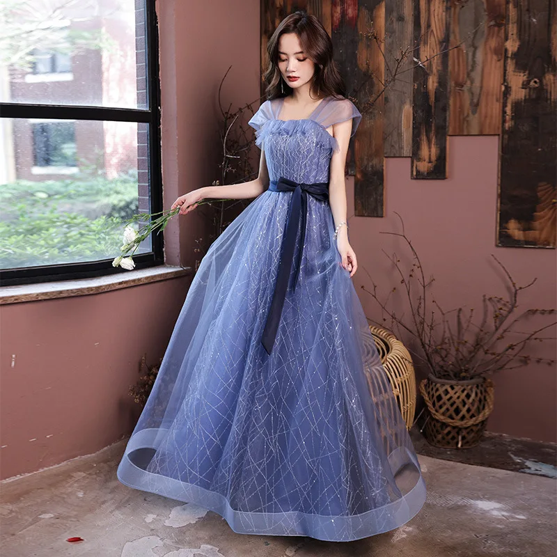 

Blue Square Neck Evening Dress Women Mesh Short Sleeve Splicing Silver Line Cocktail Dresses Elegant Classic with Belt Prom Gown