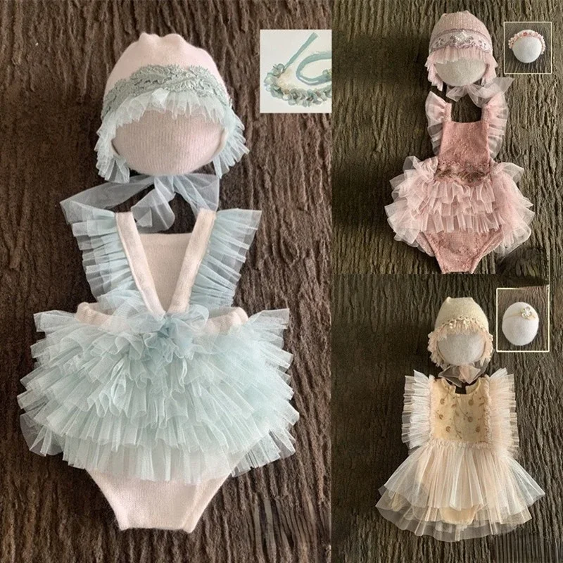 

Newborn Photography Props Baby Girl Lace Dress Headband Romper Bodysuits Outfit Photography Clothing