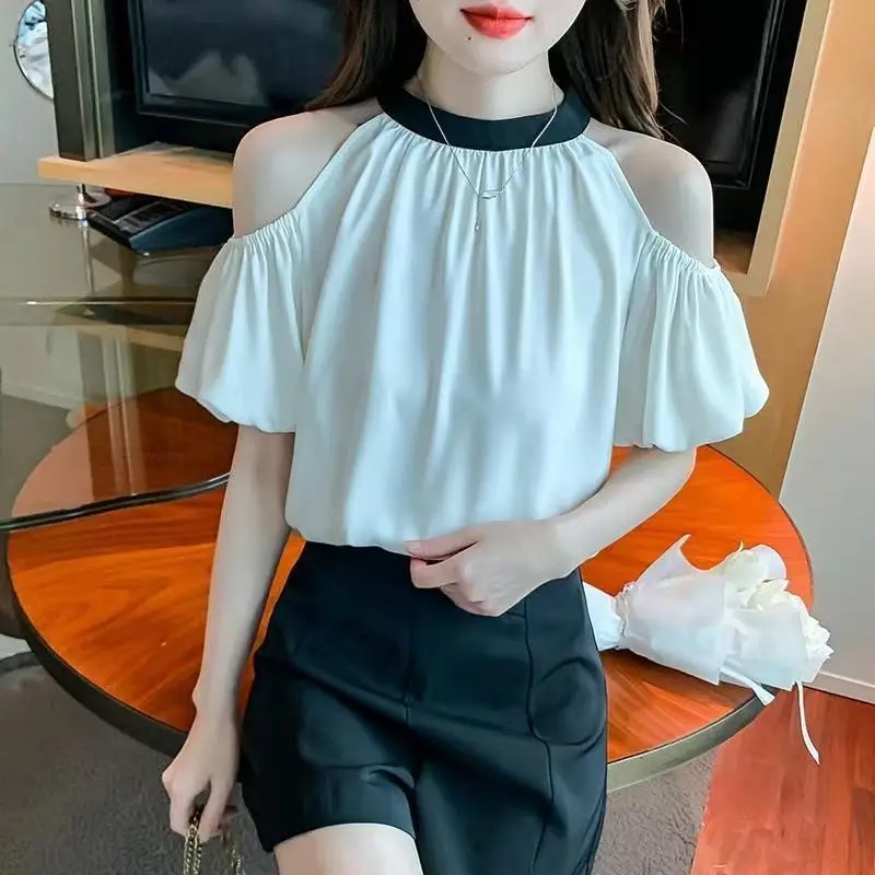 Fashionable Sweet Summer New Shirts Women's Spliced Solid Ruched Round Neck Off-the-shoulder Loose Short Sleeve Chiffon Blouses