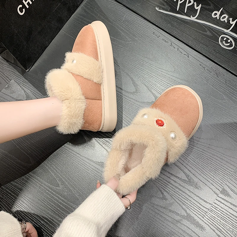 Furry Women Shoes 2023 New Diamond Design Women's Boots Winter Plush Warm Snow Boots Non-slip Thick Bottom Ladies Cotton Shoes