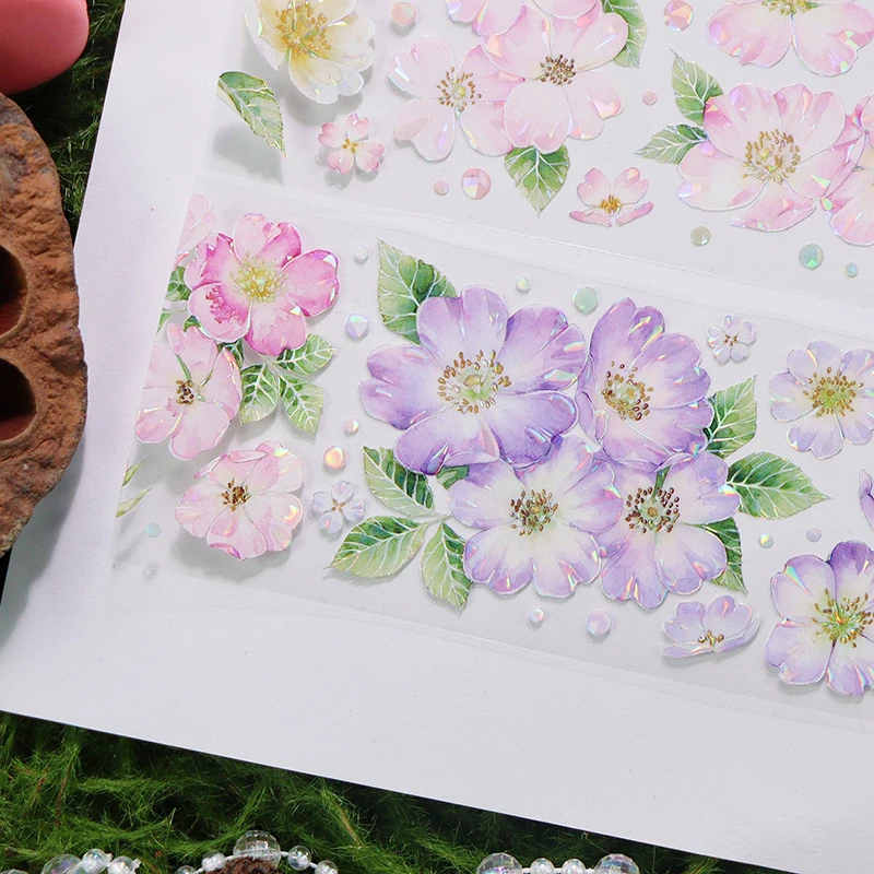 봄 정원 보라색 노란색 흰색 반짝이는 꽃무늬 펫 테이프 롤