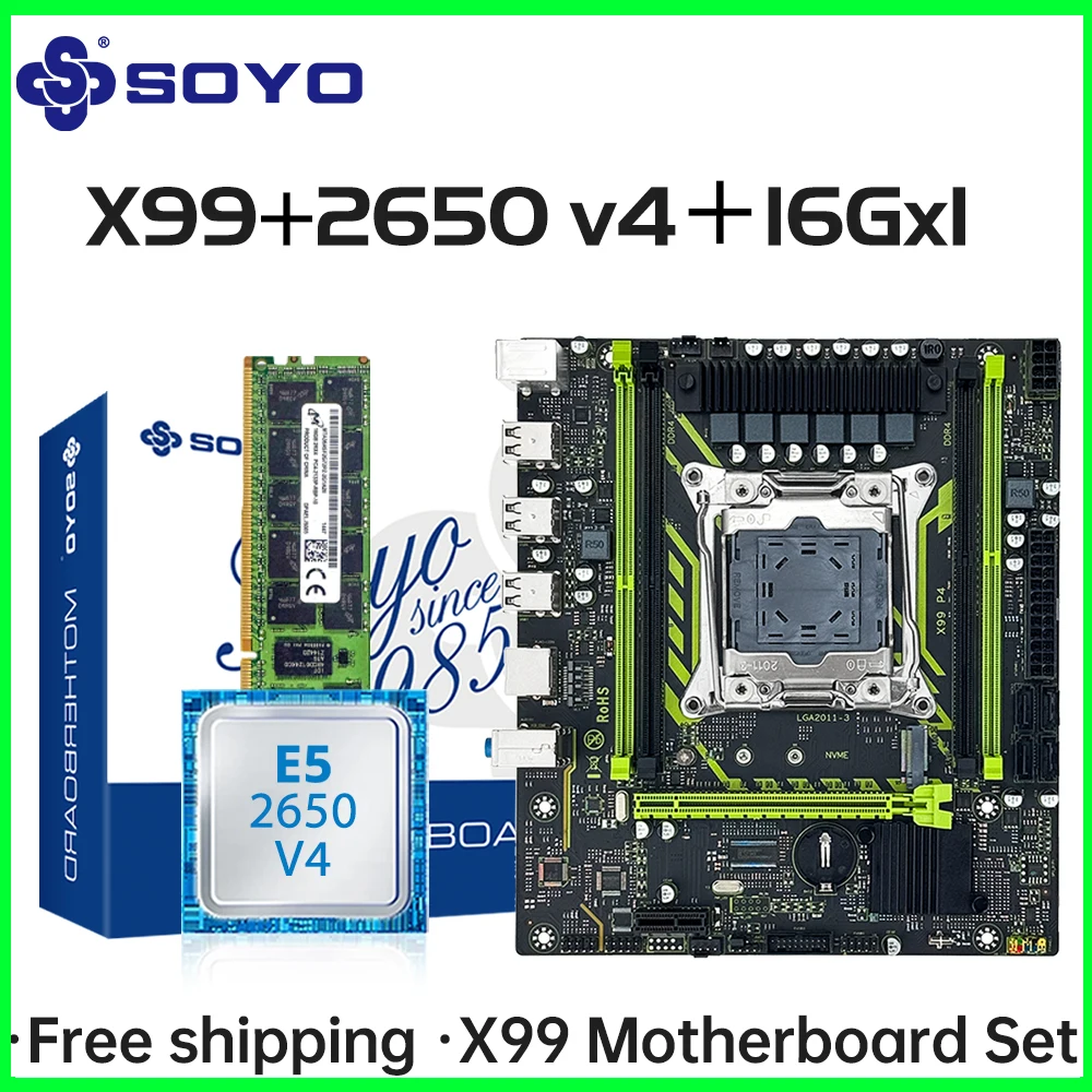 thumbnail image 1 of SOYO X99 Motherboard Set with Intel Xeon E5 2650 V4 CPU & Dual-channel DDR4 16Gx1 2133MHz RAM for Gaming Computer Components, 1 of 4