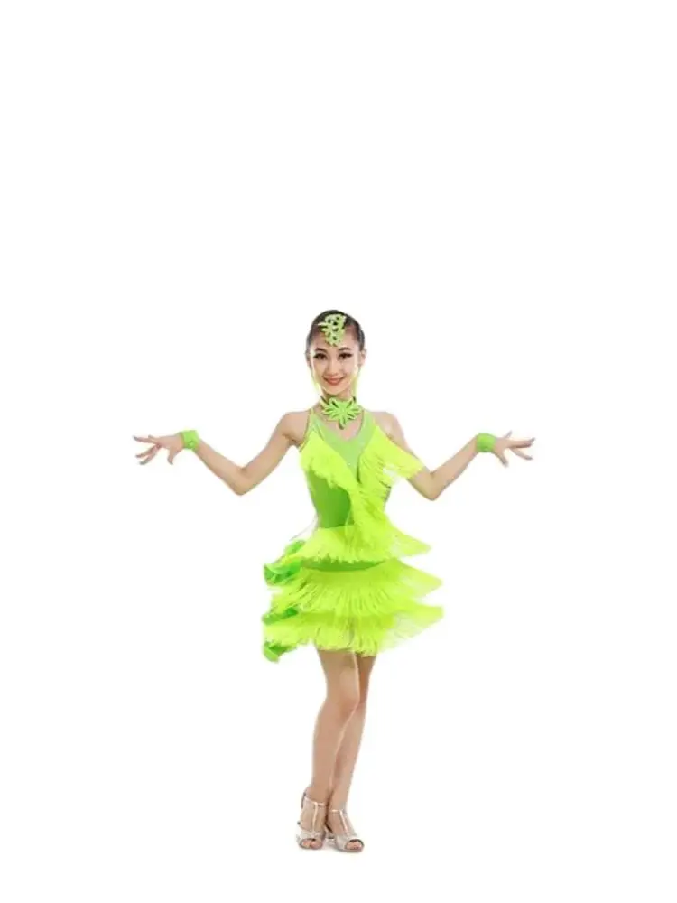 

1pcs/lot children tassel latin dancing dress girl backless patchwork cha cha latin dancing dress