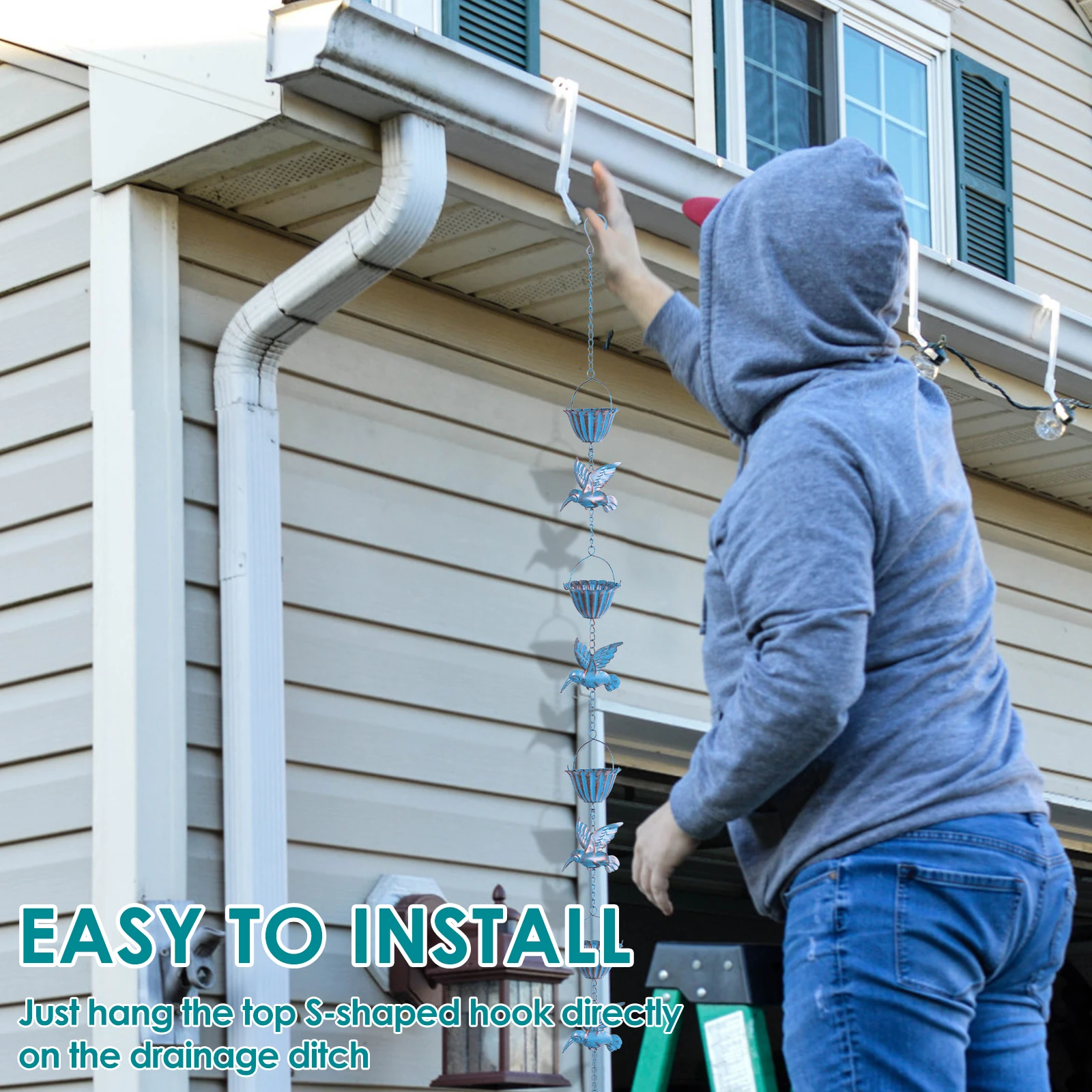 Rain Chain Hummingbird and Cup Shaped Rain Catcher Chain Metal Outdoor Garden Decoration Functional Replacement for Downspout