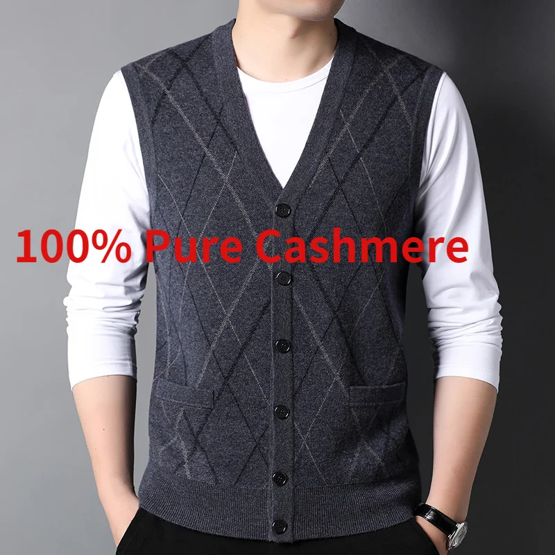 

Pure New Arrival Fashion 100% Cashmere V-neck Cardigan Vest Men's Casual Knitted Warm Sweater Size XS S M L XL 2XL 3XL