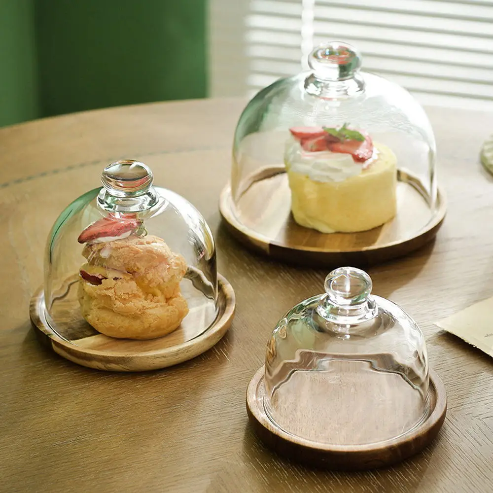 Angoily Glass Dome Cake Display Stand With Bamboo Tray, Cake Stand With Lid, Holder With Lid, 9.25 Inch Pastry Plate For Home Use, Party Trays And Platters